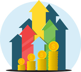 Concept of growth in monetary assets, multicolored arrows tend upward, growth in income level. Stock vector illustration