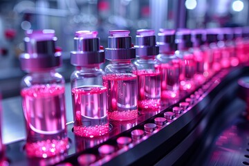 a conveyor belt filled with bottles of pink liquid