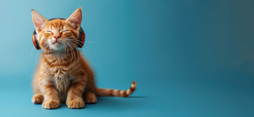 Satisfied happy kitten in headphones on blue background. Banner with place for text