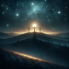Poster Aurores boréales aurora over the mountains,mysticism, night view, stars, landscape, crosses,Shine, sky, shine