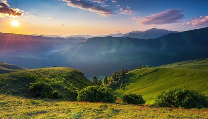 Mountain valley during sunrise. Beautiful natural landscapes in the summertime