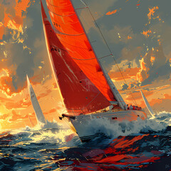 Majestic Sailing Yacht on High Seas at Sunset - obrazy, fototapety, plakaty