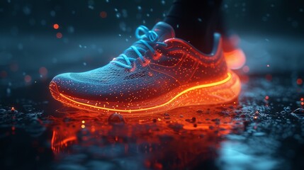 Future sneakers, exercises and graphics for workout, exercise, and balance for routine, training for marathons, and wellness for holograms. - obrazy, fototapety, plakaty