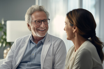 Obraz premium Smiling senior male doctor talking and consulting to female patient in hospital