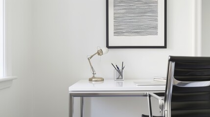 Modern and Organized Office Setup with White Desk, Black Leather Chair, and Framed Artwork AI Generated