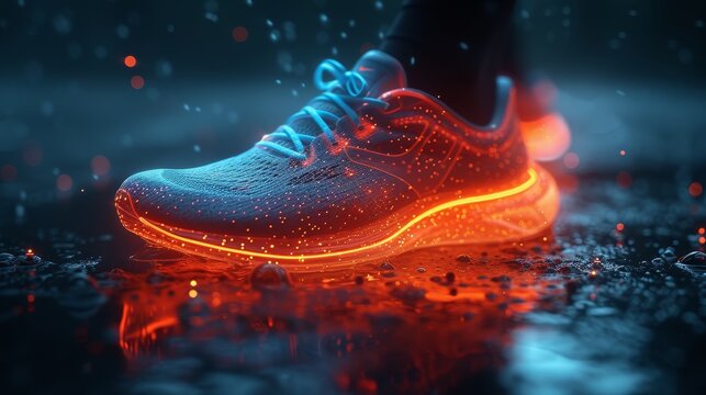 Future sneakers, exercises and graphics for workout, exercise, and balance for routine, training for marathons, and wellness for holograms.