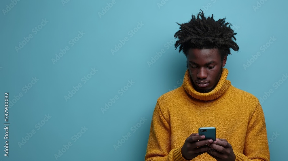 Poster the picture shows a handsome young afro man using a mobile phone and standing in front of an empty s