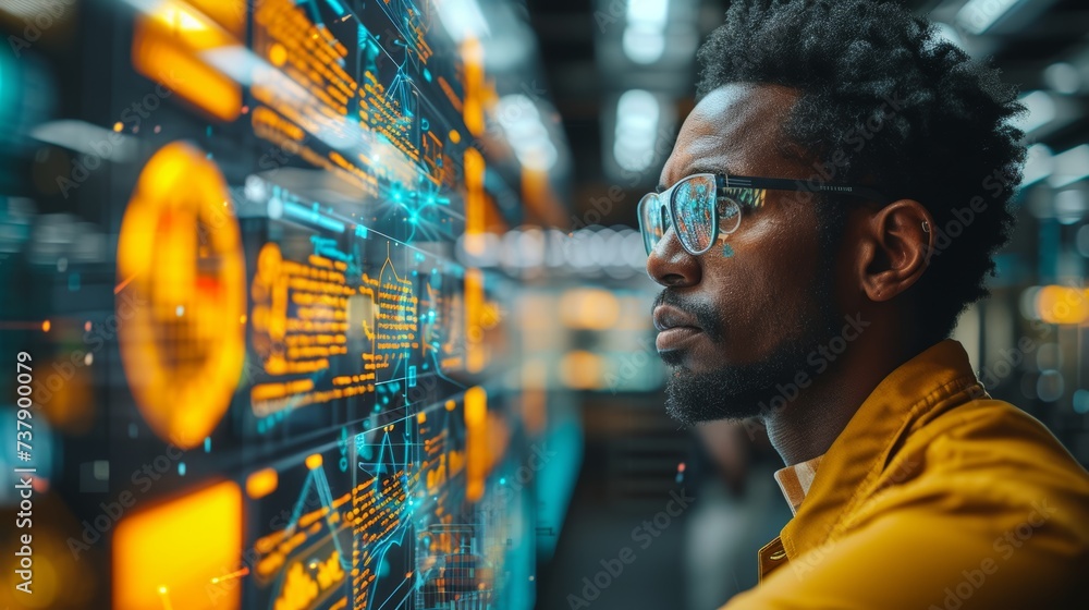 Poster Scientist using laptop analyzing and developing information using futuristic screen interface. Algorithm. Marketing and deep learning of AI.