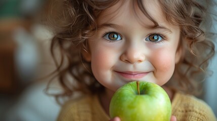 Over isolated yellow background, latin toddler smiles happily and eats green apple.