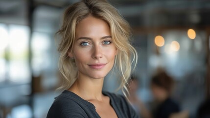 The image depicts a confident businesswoman using a digital tablet during a meeting with colleagues in a boardroom. She is smiling at the camera as she stands in the meeting room with her colleagues.