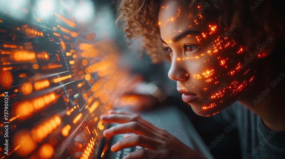 Leinwandbilder Human programmer analyzing and developing information on futuristic virtual interface, algorithm development, marketing, and deep learning of artificial intelligence on laptop.
