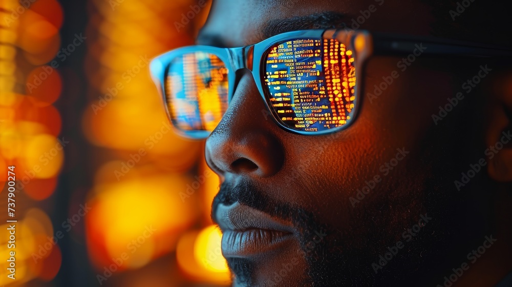 Leinwandbilder Close-up of Software Engineer Working on Computer, Code Reflecting in Glasses. Developer Working on Innovative e-Commerce Application Using Big Data Concepts.