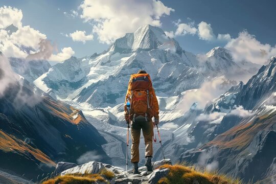 Lone hiker challenges towering peaks symbol of travel and adventure with each step mountaineer forges bond with nature backdrop of breathtaking landscape