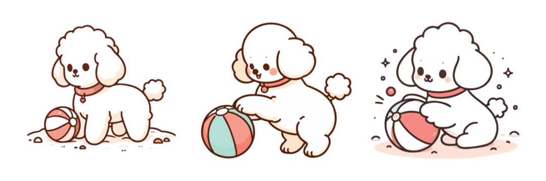 A cute cartoon illustration of a poodle dog and a beach ball cartoon, cartoon illustration on a white background.