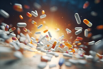 Dynamic and epic photograph of capsules and tablets, showcasing the power and effectiveness of medication, conveying a sense of action and intensity in pharmaceutical imagery