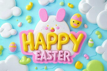 Happy Easter Eggs Basket opulent. Bunny in easter wreath flower Garden. Cute 3d Fellowship easter rabbit illustration. Easter resurrection sunday card wallpaper Playful