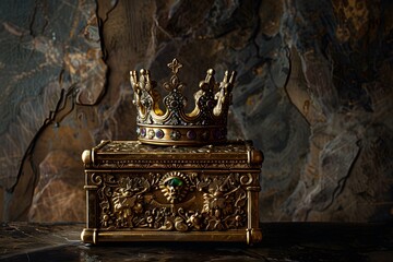 An exquisite treasure box adorned with a regal queen's crown, channeling the allure of the medieval era. Concept Medieval-inspired treasure box, Queen's crown decoration, Exquisite regal design