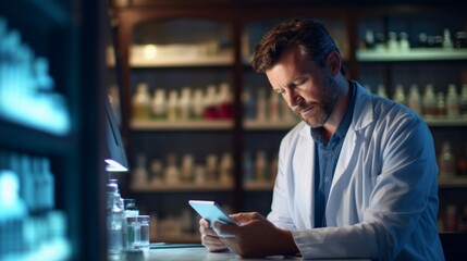 Obraz premium A tired Male pharmacist is sitting at a table with a tablet computer in a modern light pharmacy. Medical worker, pharmaceutical business, Healthcare concepts.