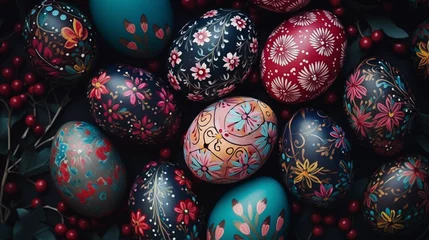 Foto op Aluminium Tło na życzenia Wielkanocne. Alleluja - Wesołych świąt Wielkiej Nocy. Jaja wielkanocne - kolorowe pisanki © yeseyes9