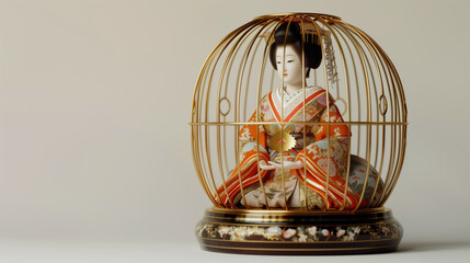 A hina doll in a golden cage alone, representing oppressed women, living in luxury without freedom, against a white isolated background. 