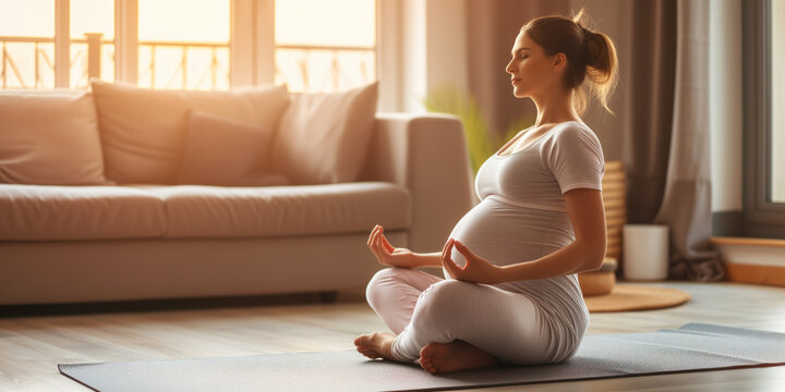 Pregnant woman in leggings and pastel top sitting on the floor in living room in lotus pose. Practicing yoga during pregnancy. Reaching zen, balance and harmony.