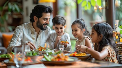 Indian family eating food at dining table at home or in restaurant. South Asian mother, father and kid having meal together.