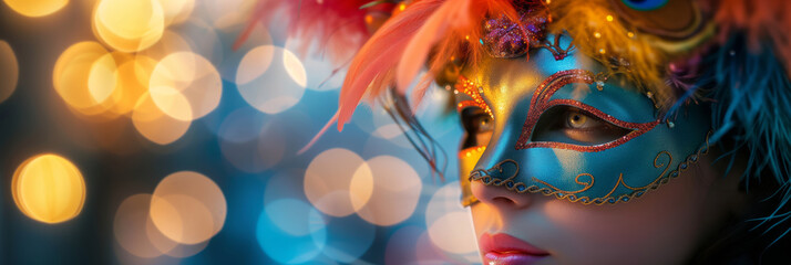 Beautiful young woman with creative make-up wearing multicolored carnival mask with feathers. Girl wearing costume celebrating carnival. Bokeh lights in background.