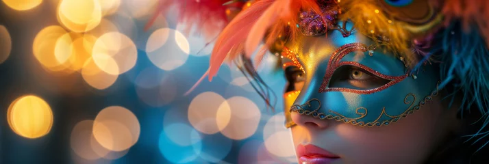Zelfklevend Fotobehang Carnaval Beautiful young woman with creative make-up wearing multicolored carnival mask with feathers. Girl wearing costume celebrating carnival. Bokeh lights in background.