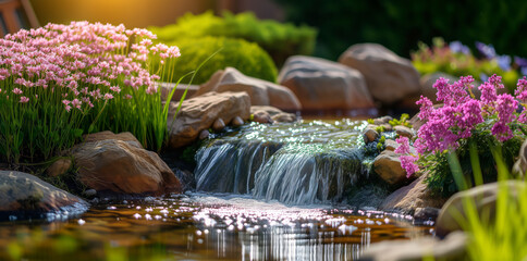 Small garden waterfall surrounded with flowers on summer evening. Garden landscape design concept.