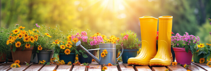 Rubber boots, gardening tools and spring flowers on the wooden terrace in the spring garden. - obrazy, fototapety, plakaty