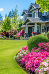 Fototapeta premium Perfect manicured lawn and flowerbed with shrubs in sunshine, on a backdrop of residential house backyard.