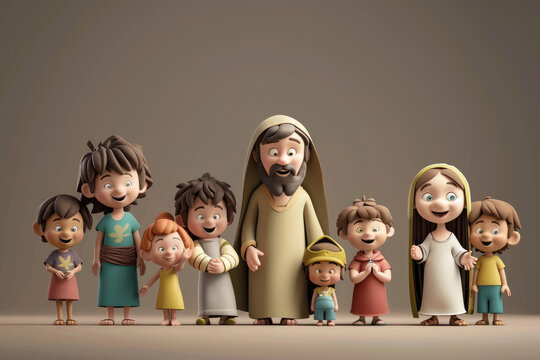 3d cute cartoon character of Jesus and children