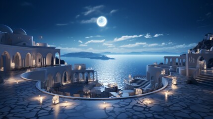 Moonlit Santorini: A Dreamy Night View with Glowing Lanterns - obrazy, fototapety, plakaty