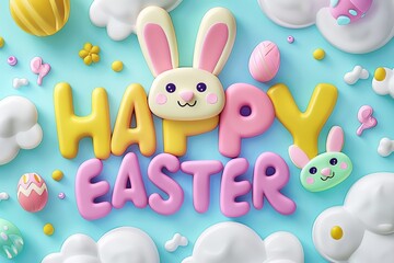 Obraz premium Happy Easter Eggs Basket easter. Bunny in easter happiness flower Garden. Cute 3d playful easter rabbit illustration. Easter editorial illustration card wallpaper Grief