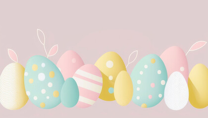 Fototapeta na wymiar Trendy Easter design with eggs, pastel colors. Modern minimalistic style. For easter and spring greeting cards with copy space. Generative AI