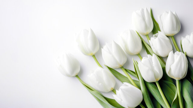 Spring white tulip flowers on white background fit for Valentine's Day, Easter, Birthday, Happy Women's Day, Mother's Day, wedding invitations, Flat lay. Space for text. Ai generated