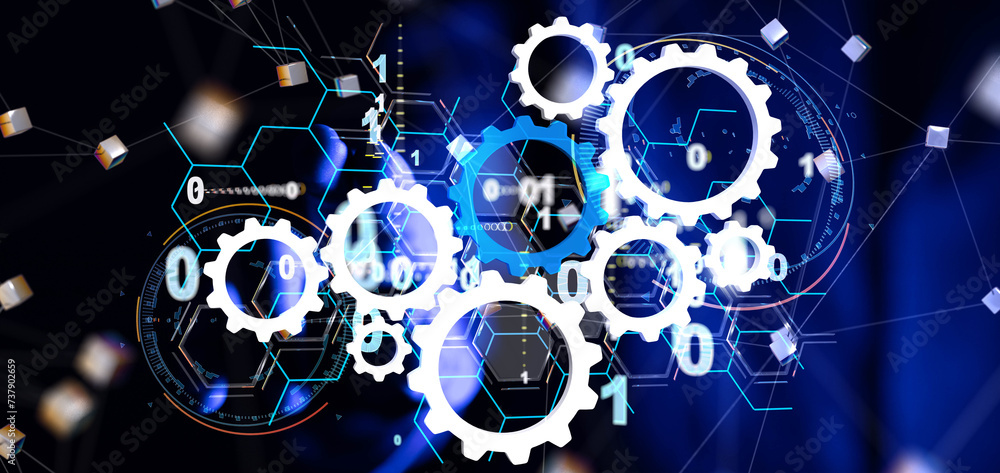 Poster Neural network 3D illustration. Big data and cybersecurity