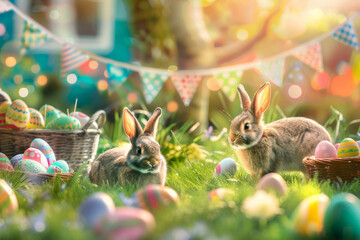 easter bunny and easter eggs outdoor at a green meadow