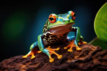 Foto op Canvas A colorful frog sitting on top of a green leaf © Kien