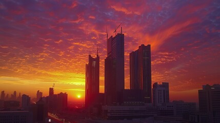 Fototapeta na wymiar Sunset over large buildings equipped with the latest technology, King Abdullah Financial District, in the capital, Riyadh, Saudi Arabia