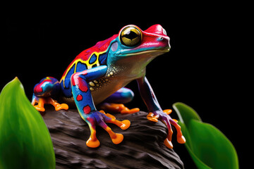 A colorful frog sitting on top of a green leaf - obrazy, fototapety, plakaty