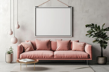 Modern living area with soft pink sofa, pendant lights, and wall art space.