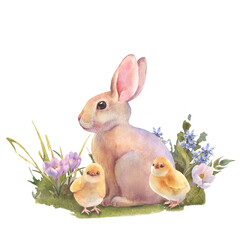 Watercolor peach rabbit is sitting in the grass.. Easter bunny with bouquet flowers and yellow chicken. Template for designs , card, wallpaper.