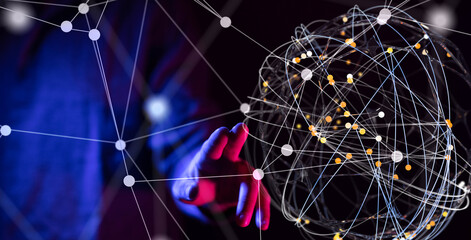 Global network. Blockchain. 3D illustration. Neural networks and artificial intelligence. Abstract