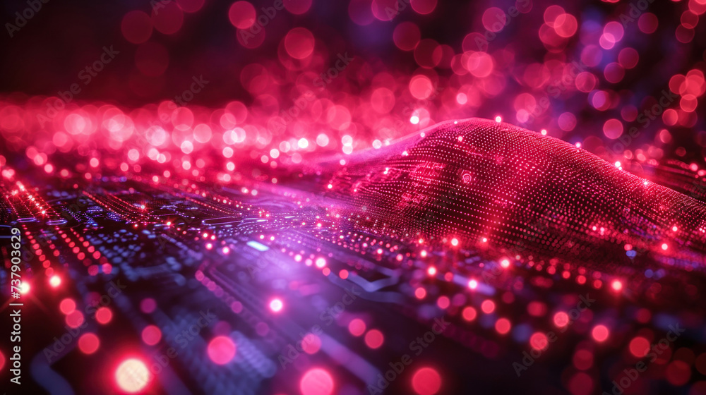 Poster illuminated data stream on circuit board, representing high-speed data transfer and internet connect