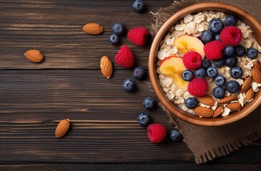 a bowl of cereal topped with fruit on a brown wooden board, with empty space for text