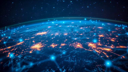Dramatic illustration of Earth's network connectivity with a futuristic global Wi-Fi 7 wireless system, glowing city lights, and interconnected nodes from space - obrazy, fototapety, plakaty
