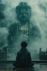 image of a meditating silhouette in front of a large Buddha mural, bathed in soft light and surrounded by ethereal clouds, evoking a sense of spiritual awakening. Illustrate the beauty of mindfulness.