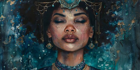 Captivating depiction of a regal black woman adorned with a celestial headpiece and majestic necklace. Concept Celestial Goddess, Regal Black Beauty, Majestic Headpiece, Heavenly Adornments