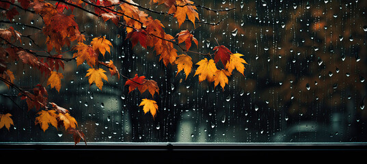Rainy Day With Autumn Leaves on Window Glass on Winter in a City